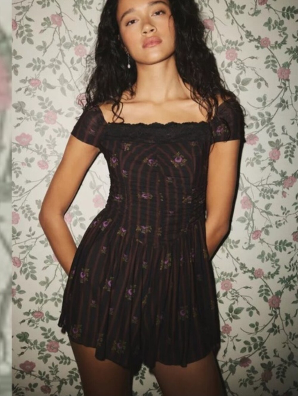 UO Kimchi Blue Black Bey Lace Trim Mesh Floral Jumper